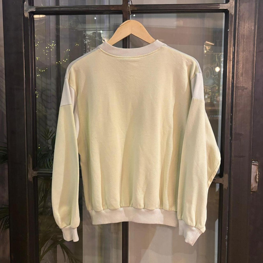 0325E60F-P - Vintage Retro Essential Pale Yellow and Grey Lacoste Crewneck Jumper Sweatshirt with embroidered crocodile patch logo #90s #sportswear #essential #y2k #lacoste