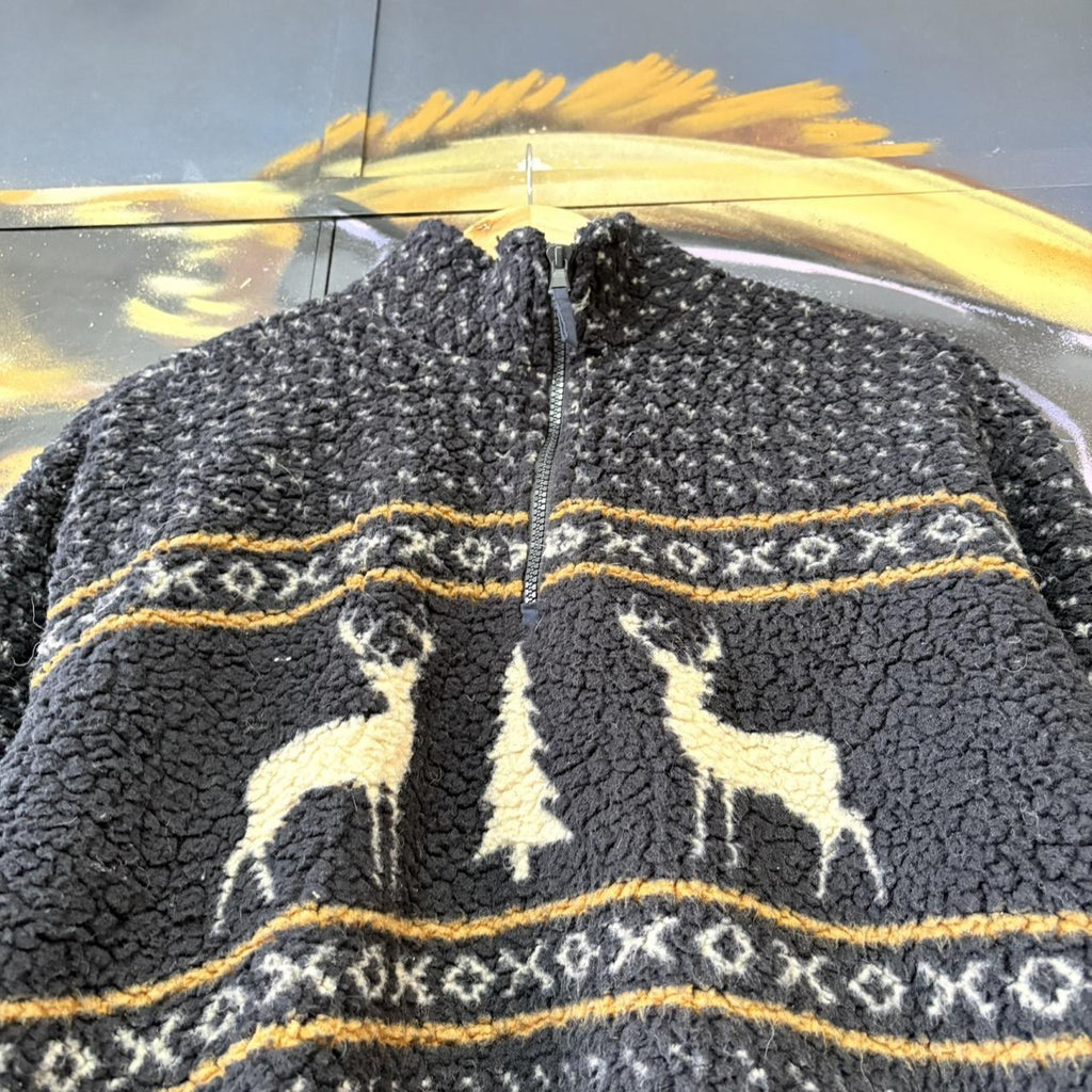 BR2701DH-U - Vintage retro essential Old Navy Blue 1/4 quarter zip up outdoor pattern deer sweatshirt  fleece jacket #pullover #outdoor #hike #deer #climbing