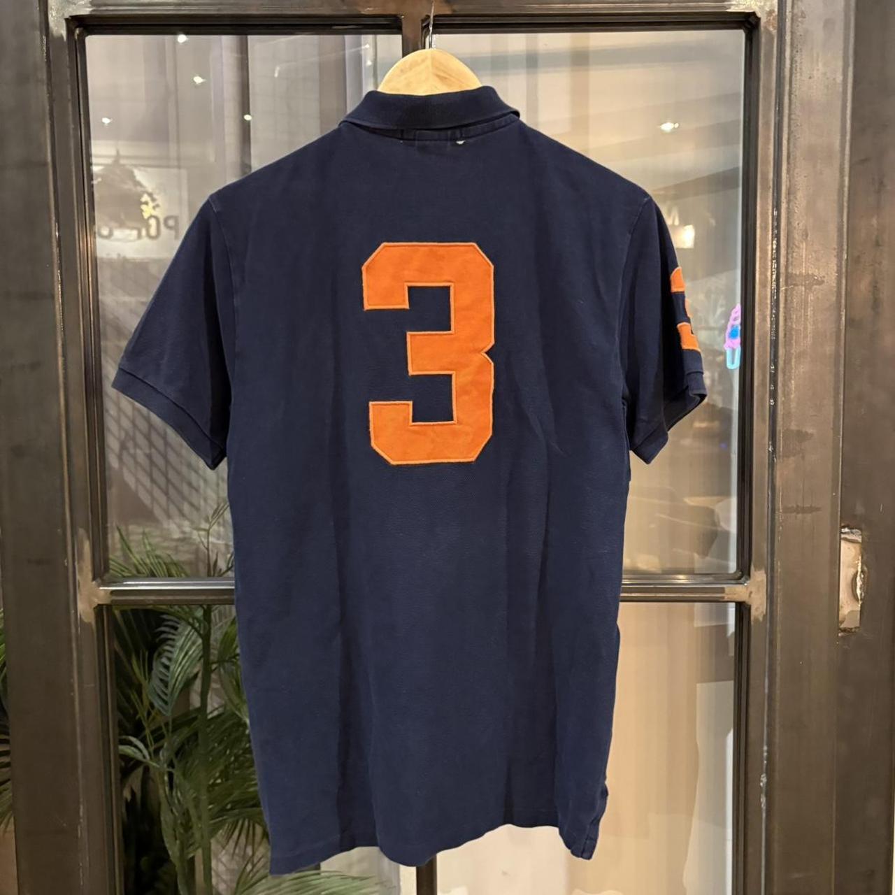 MES2811BT-F - Vintage Retro Ralph Lauren Navy Polo Shirt Short Sleeve collared button up top with Orange embroidered big logo and number 3  #Y2K #preppy #chiefkeef #oldmoney #ralphlauren