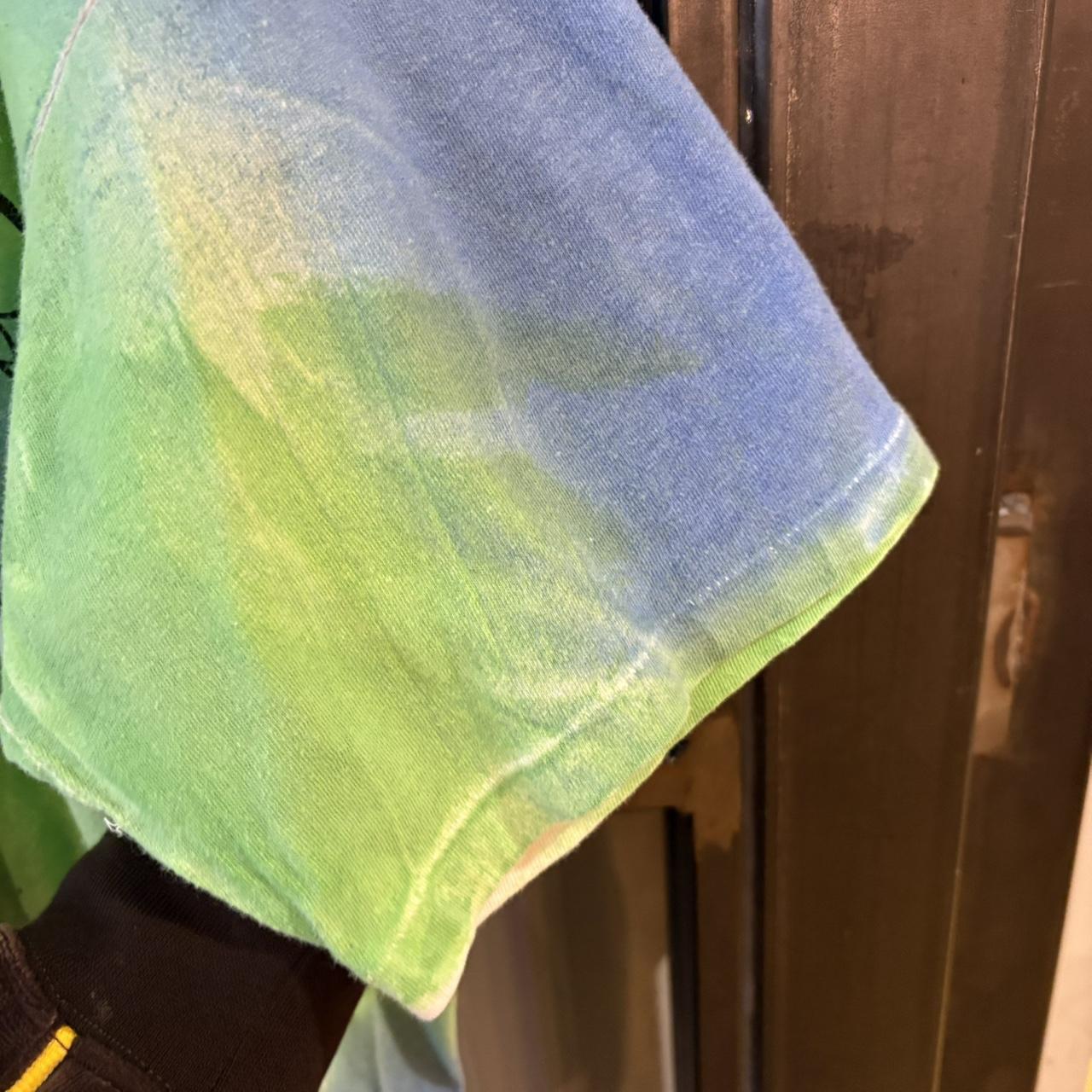 TEE459F - Vintage Retro Essential Blue and Green Tie-Dye Mickey Mouse Surfing Graphic Print Top Tee T-shirt on Mickey Unlimited Tag #singlestitch #tiedye #surfing #disney #mickeymouse