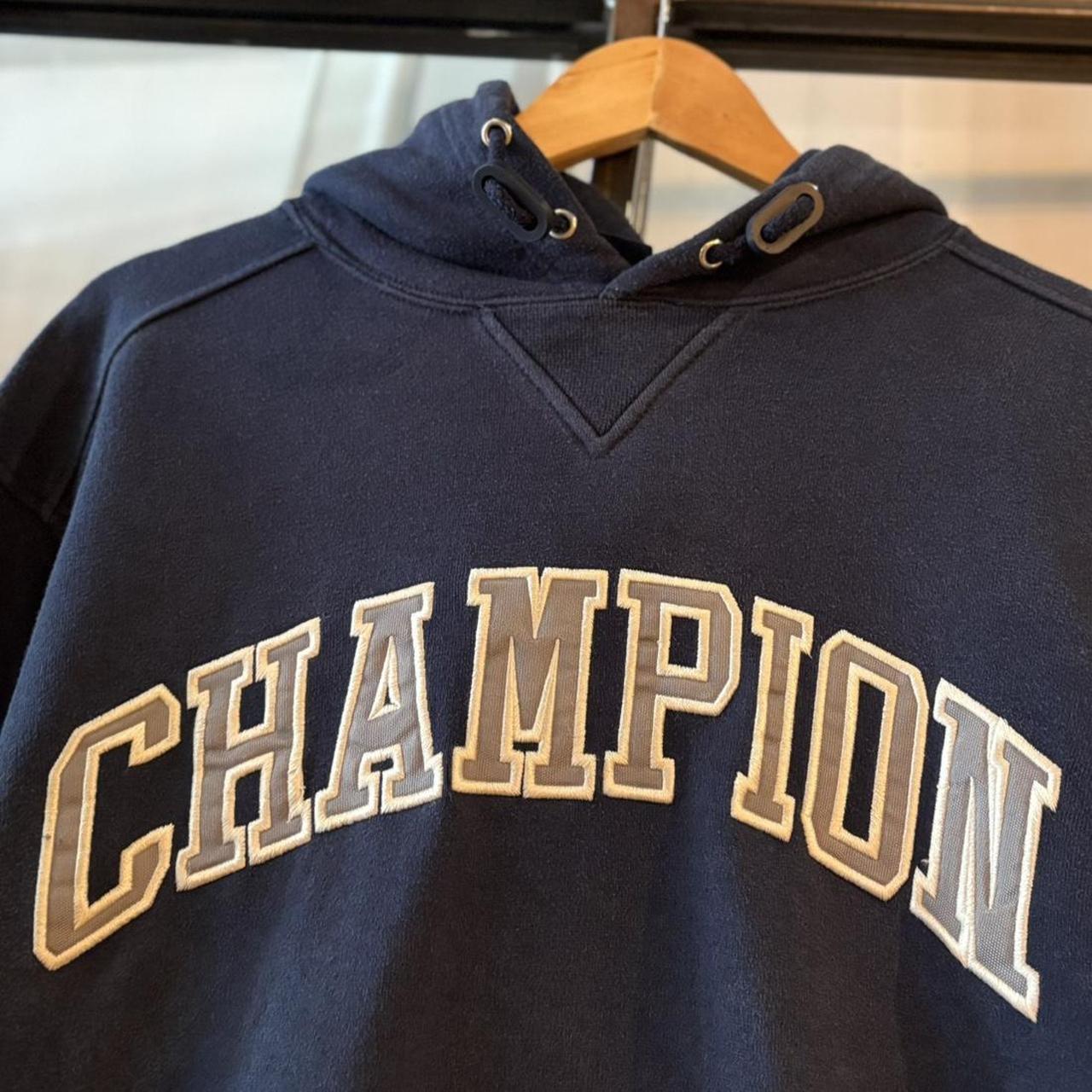 Vintage Retro Essential Navy Champipn Sweatshirt Hoodie with embroidered patch spell out logo #90s #sportswear #essential #champion #y2k