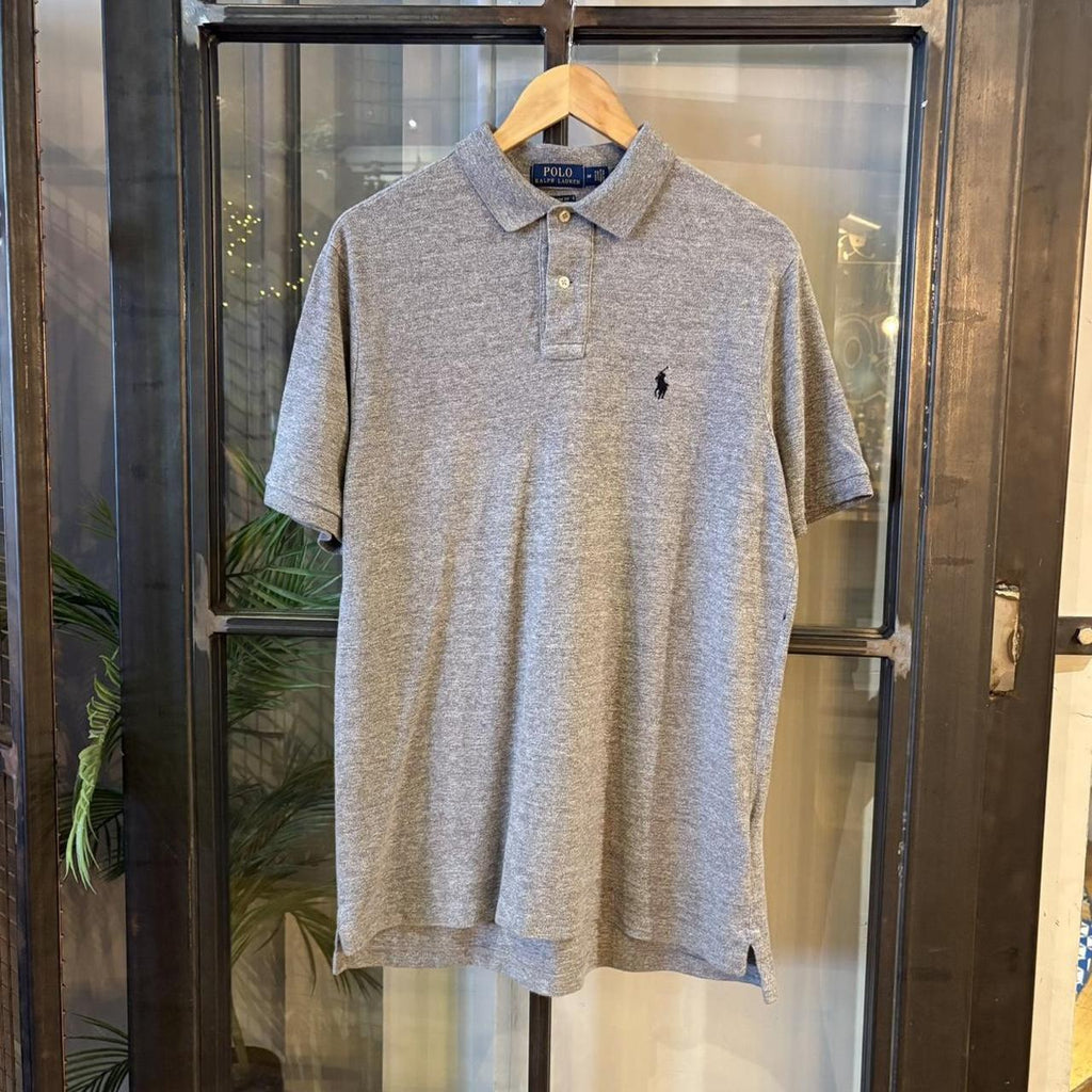 POL556-F - Vintage Retro Ralph Lauren Grey Plain Polo Shirt Short Sleeve collared button up top  #Y2K #preppy #chiefkeef #oldmoney #ralphlauren