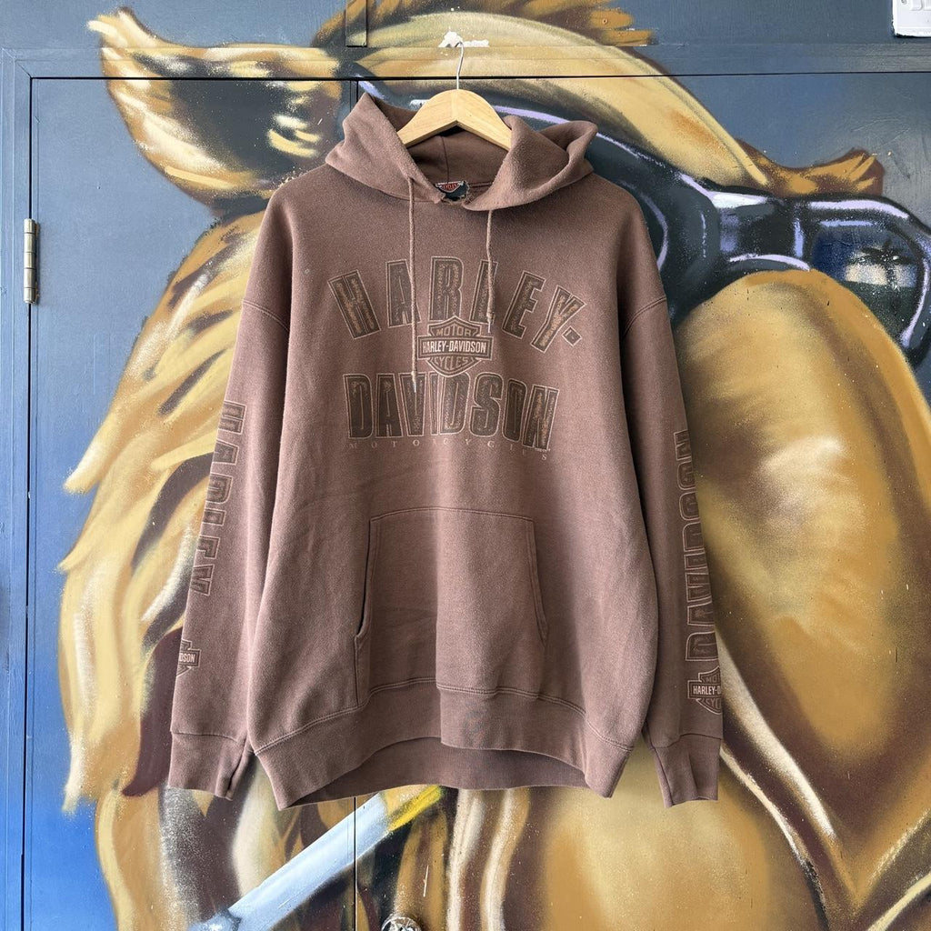 Vintage Harley Davidson Hoodie Mens  Large Brown Italy Treviso Biker Logo Graphic Print Jumper Top 90s Y2K 00s
