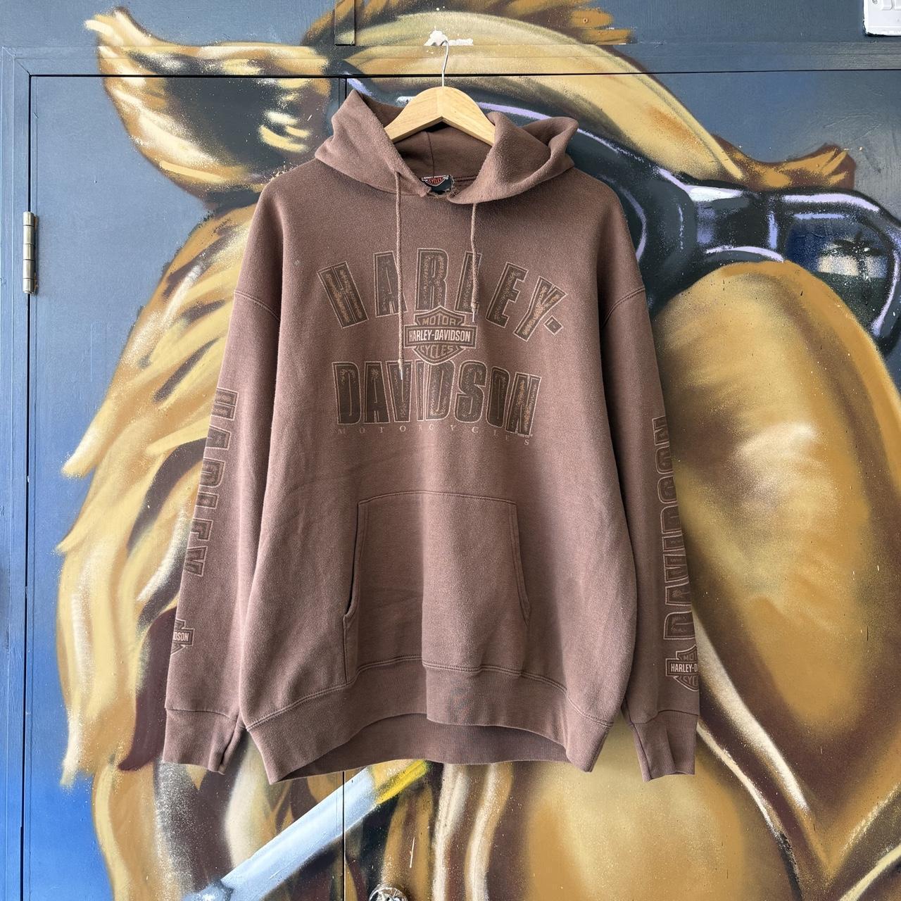 Vintage Harley Davidson Hoodie Mens  Large Brown Italy Treviso Biker Logo Graphic Print Jumper Top 90s Y2K 00s