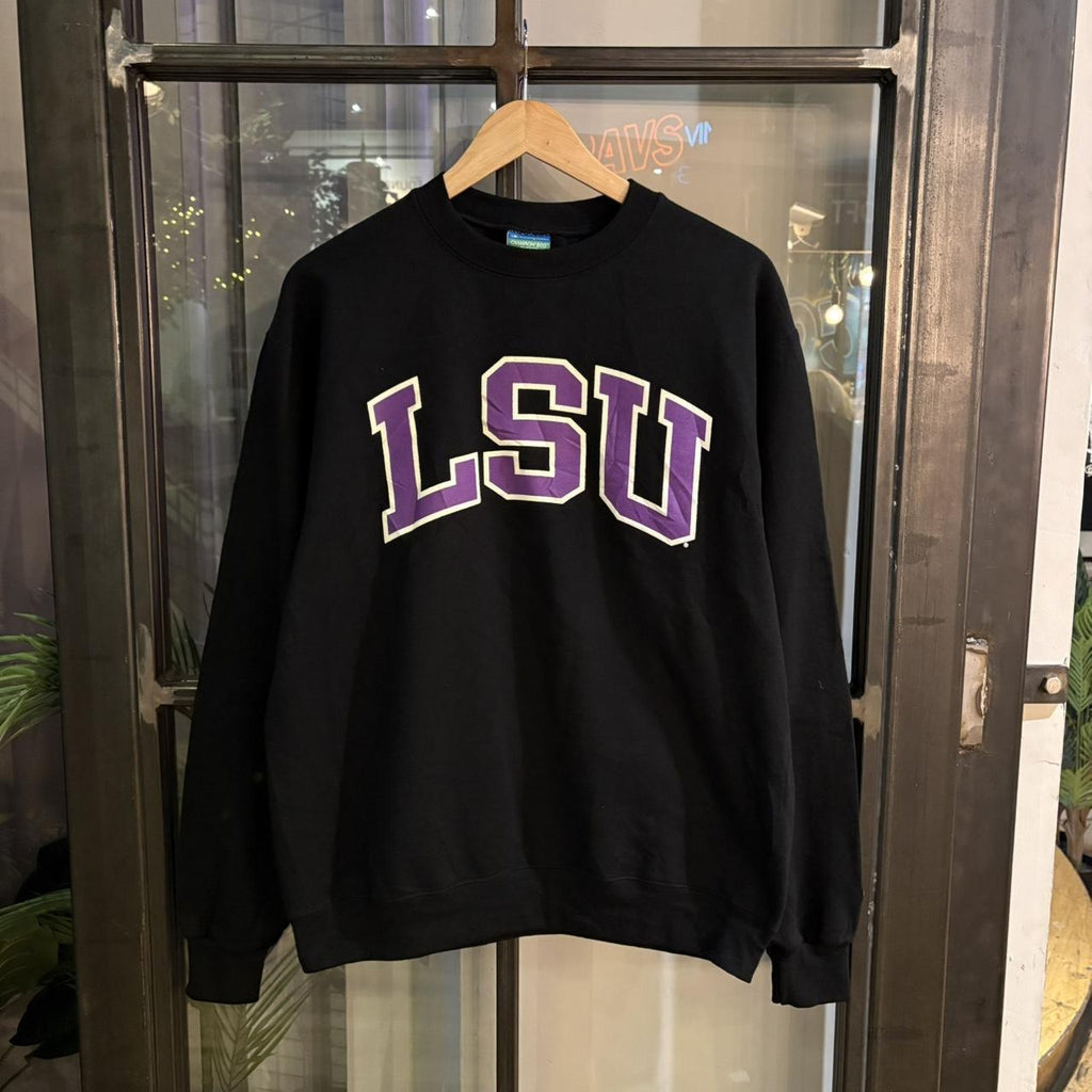 SWT362 - Vintage Retro Essential Champion LSU Louisiana State University Black Crewneck Jumper Sweatshirt with big spellout embroidered/print logo #90s #sportswear #essential #champion #lsu