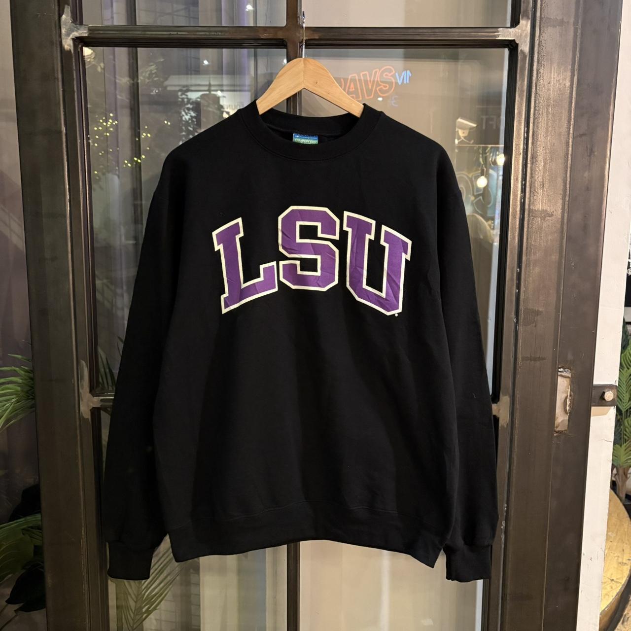 SWT362 - Vintage Retro Essential Champion LSU Louisiana State University Black Crewneck Jumper Sweatshirt with big spellout embroidered/print logo #90s #sportswear #essential #champion #lsu