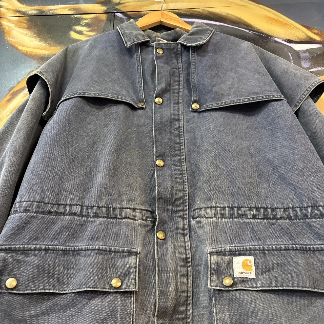 BR0801AR-U - Vintage Retro Essential Navy Blue Carhartt CW043 Button and Full Zip Up Shoulder Cape Duster Workwear Canvas lined chore Jacket #workwear #utility #carhartt #chorejacket
