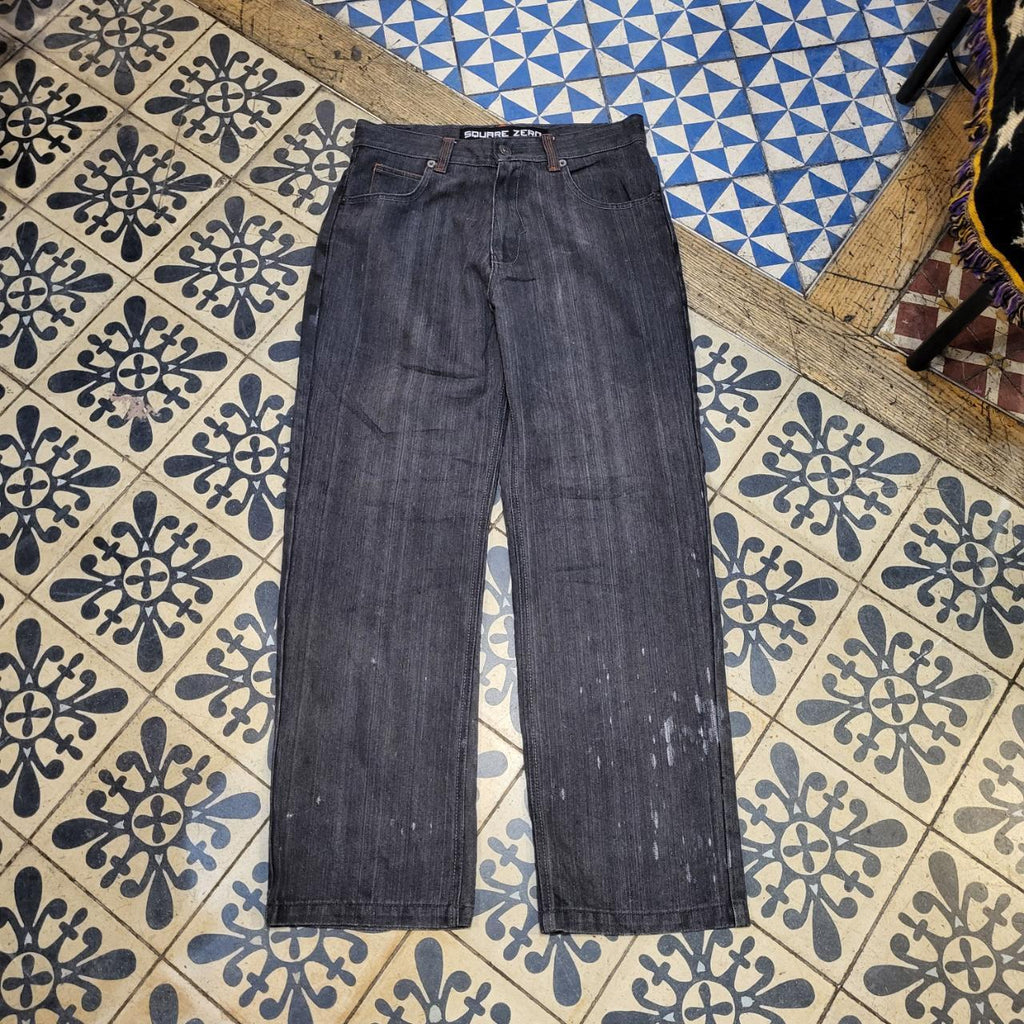 JNS203BR - Vintage retro essential Square Zero Black Wash Baggy Straight Leg Denim Jeans Trousers pants #denim #denimjeans #squarezero #embroidered