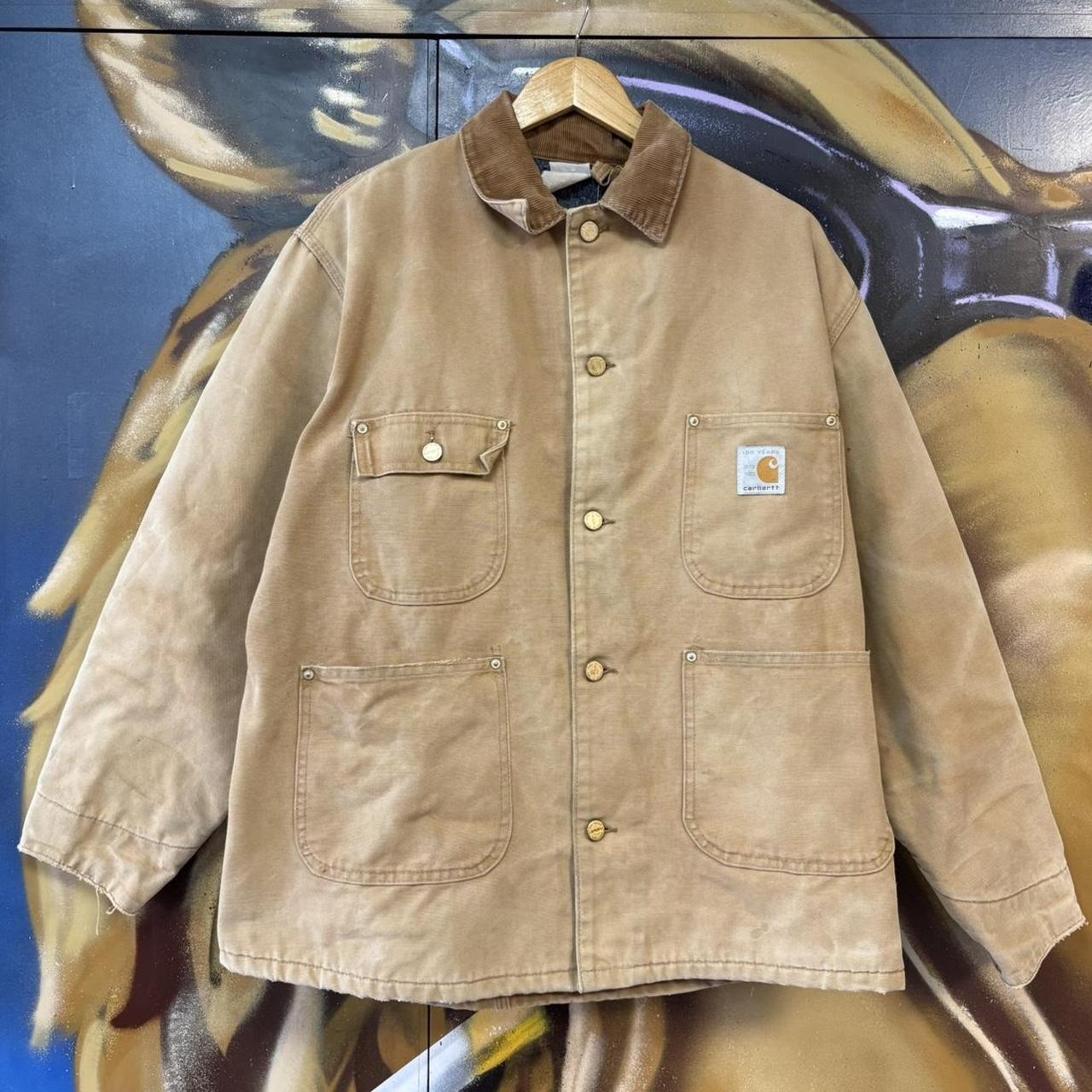 BR0801AX-U - Vintage Retro Essential Beige / Tan Carhartt Button Up Corduroy Collared Workwear Canvas lined Chore Jacket #workwear #utility #carhartt #chorejacket