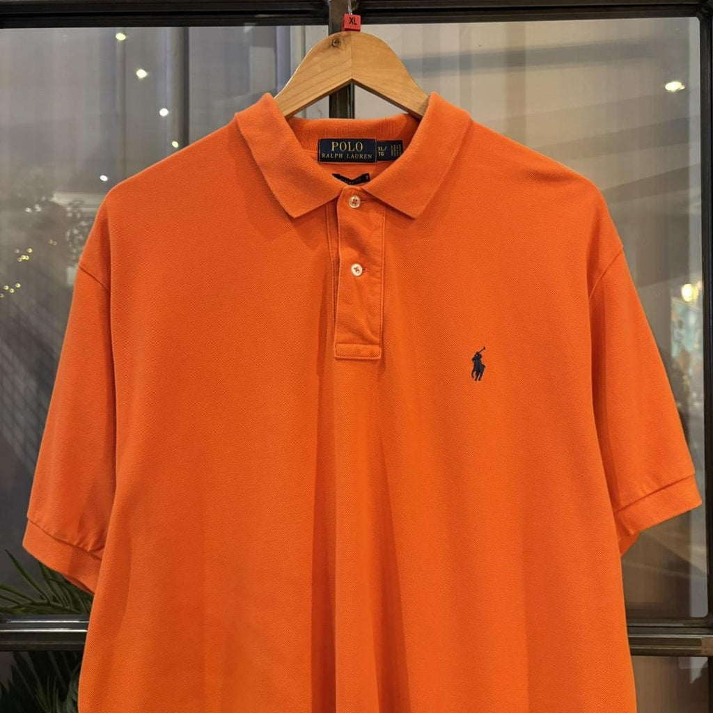 BR1912AG-F - Vintage Retro Ralph Lauren Plain Orange Polo Shirt Short Sleeve collared button up top  #Y2K #preppy #chiefkeef #oldmoney #ralphlauren