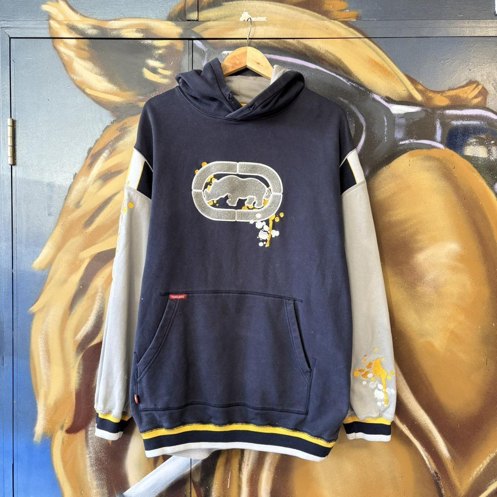 Vintage Retro Essential Ecko Unltd. Navy Sweatshirt Hoodie with embroidered centre patch logo Vintage 90s Y2K 2000s