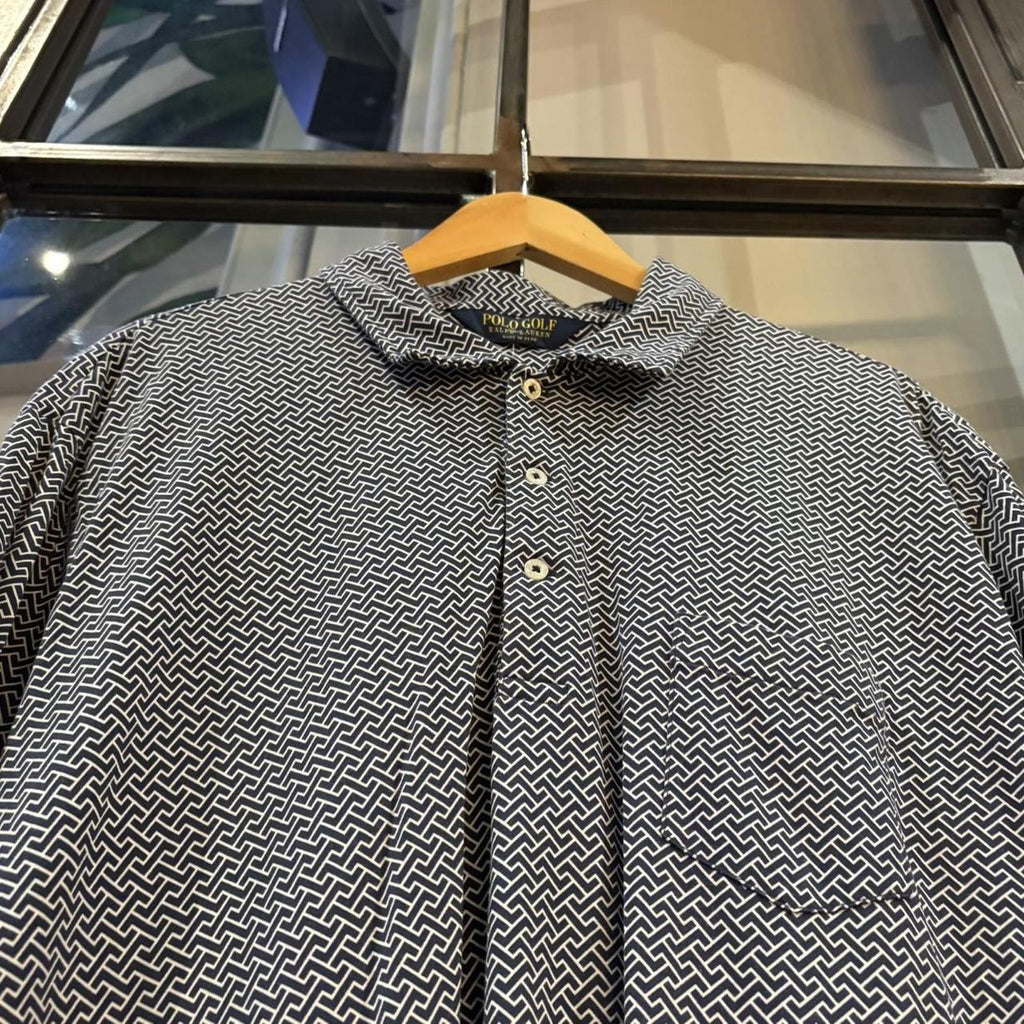 BR1912ADU-F - Vintage Retro Polo Golf Ralph Lauren Navy Geometric Pattern Pocket Polo Shirt Short Sleeve collared button up top  #Y2K #golf #chiefkeef #oldmoney #ralphlauren