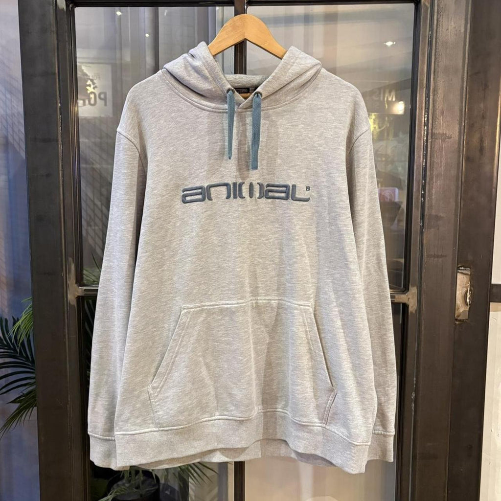 MES1812M-P - Vintage Retro Essential Grey Animal Sweatshirt Hoodie with embroidered spell out centre logo #90s #sportswear #essential #animal #y2k