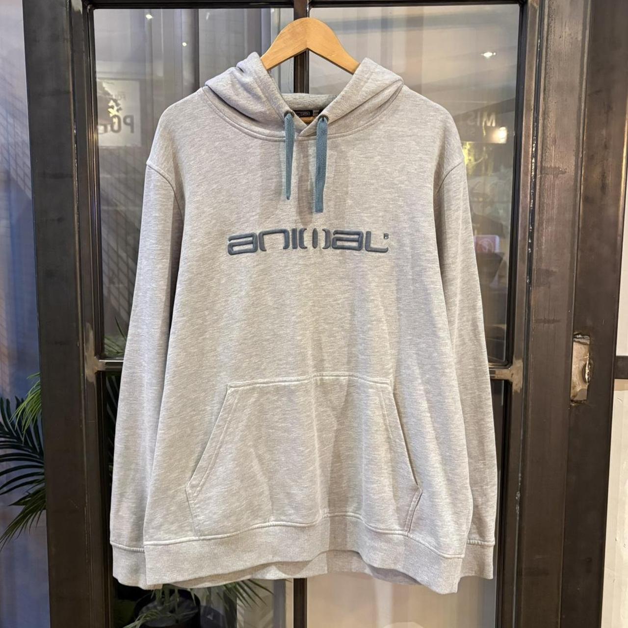 MES1812M-P - Vintage Retro Essential Grey Animal Sweatshirt Hoodie with embroidered spell out centre logo #90s #sportswear #essential #animal #y2k