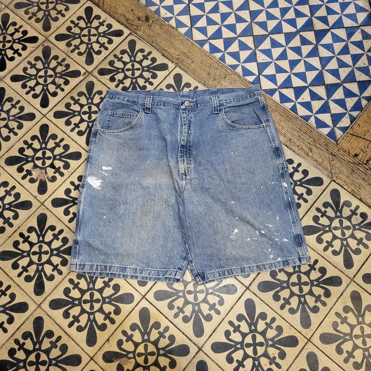 JRT5020 - Vintage Blue Wash Denim Shorts Jorts with detailed embroidered Logo carpenter workwear #wrangler #jorts #skater #y2k #hiphop