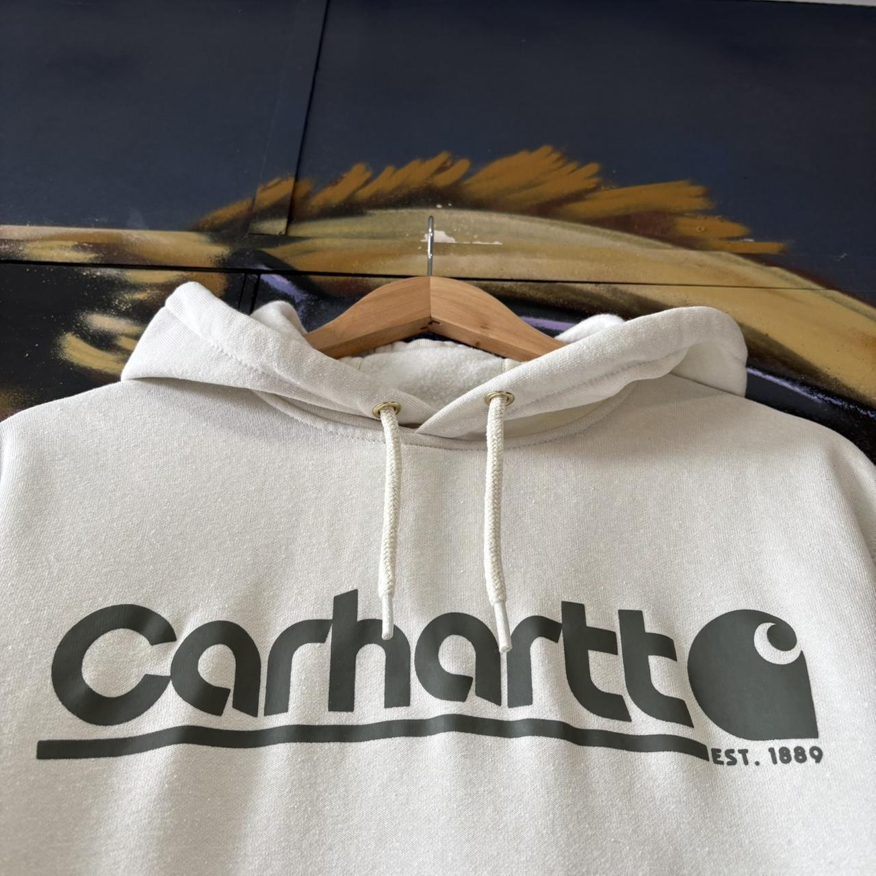 Carhartt WIP Hoodie Mens Medium Cream Logo Graphic Spellout Sweatshirt Streetwear Skate Jumper Top 90s Y2K