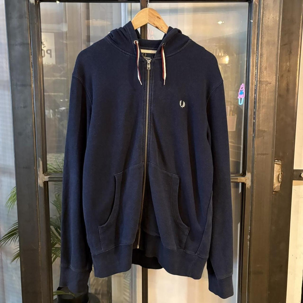 Vintage Retro Essential Navy Fred Perry Full Zip Up Sweatshirt Hoodie with embroidered logo #british #sportswear #essential #fredperry #y2k