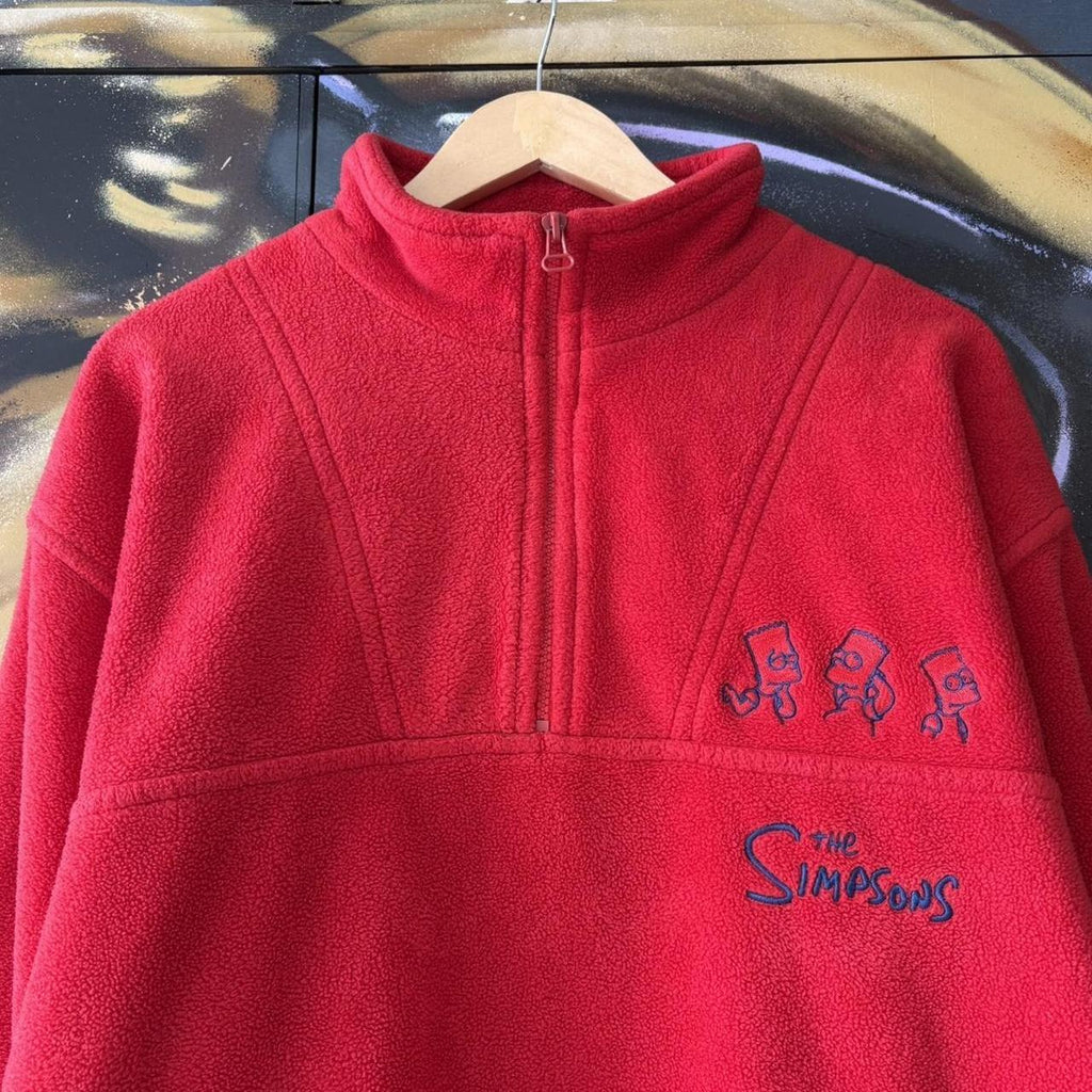 Vintage The Simpsons Fleece Quarter Zip Jumper Mens XL Red Embroidered Logo Cartoon Pullover 90s Y2K