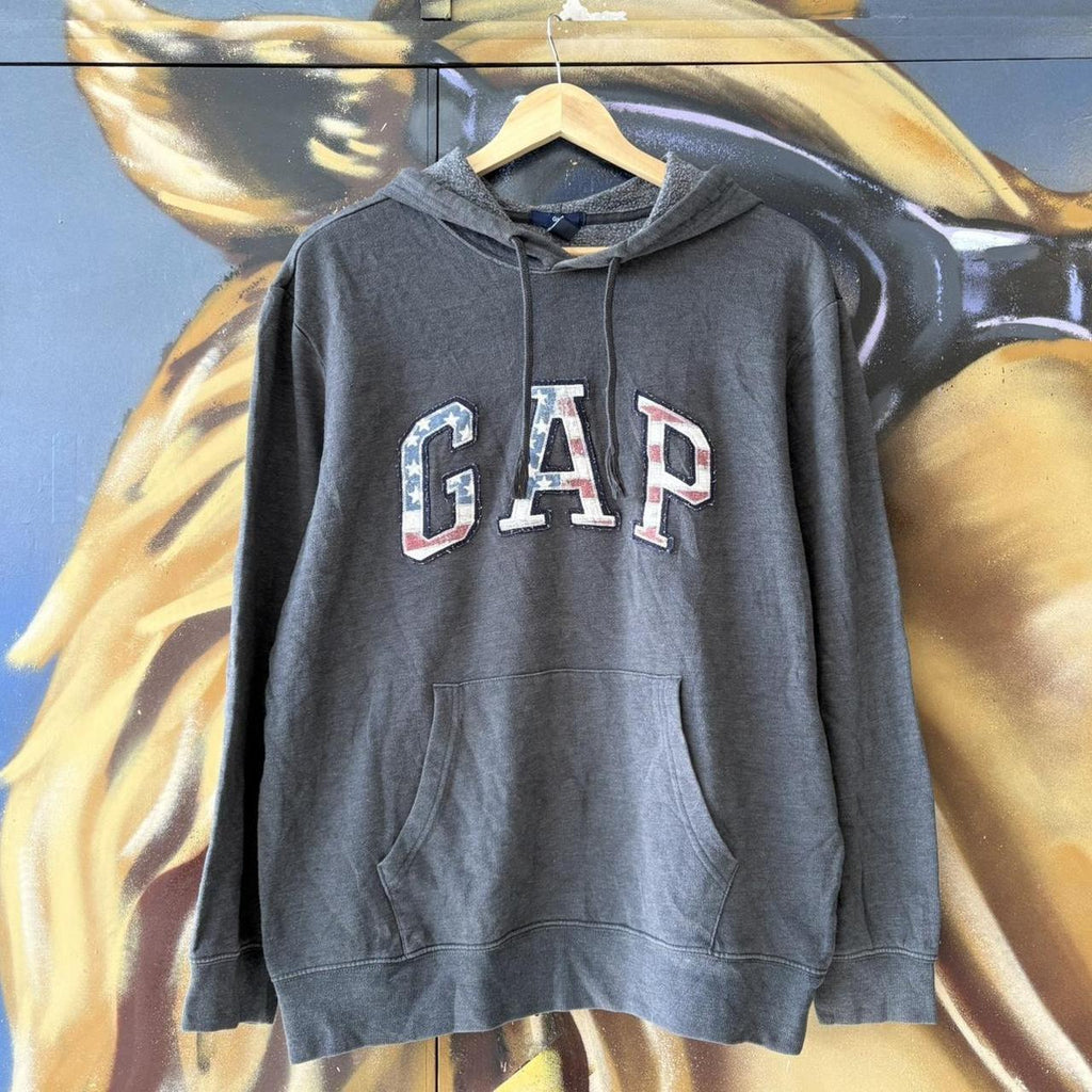 Vintage GAP Hoodie Top Mens Large Spellout Logo USA Flag Grey Preppy Ivy League Clean 90s Y2K