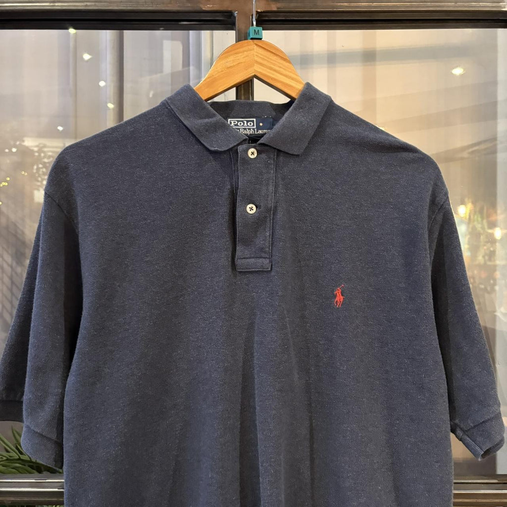 BR1912A-F - Vintage Retro Ralph Lauren Plain Navy Polo Shirt Short Sleeve collared button up top  #Y2K #preppy #chiefkeef #oldmoney #ralphlauren