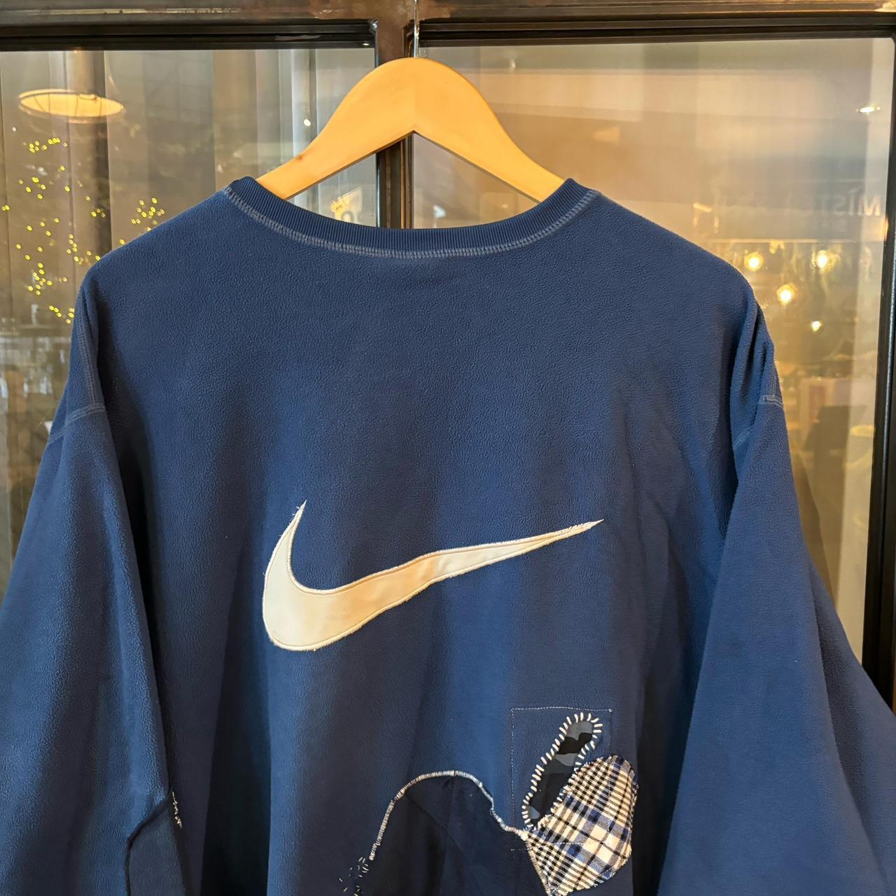 SWT544BR - Vintage Retro Essential Blue Nike Re-worked woth Patches Fleece Jumper Sweatshirt with centre embroidered swoosh logo #fleece #sportswear #rework #y2k #nike