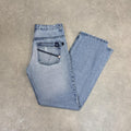 MES0901K-U - Vintage retro essential Quiksilver Light Blue Wash Denim Straight Leg Y2k Jeans Trousers pants with light  distressing and embroidered logos #denim #straightleg #quiksilver #surfer #y2k
