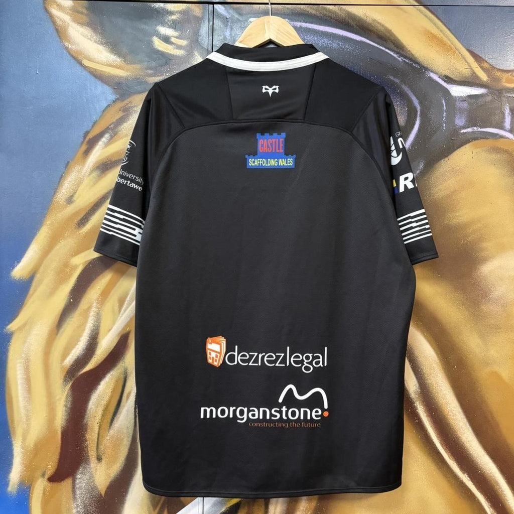 Canterbury Ospreys 2017 - 18 Home Black Collared Rugby Short Sleeve Jersey with embroidered logos and lovellrugby, RNA, Swansea University, morganstone and dezrezlegal printed sponsorships
