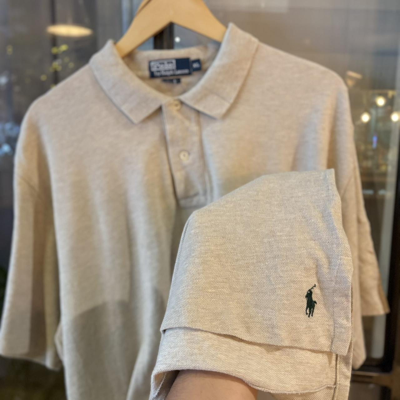 POL450F-P - Vintage Retro Ralph Lauren Beige Plain Pocket Polo Shirt Short Sleeve collared button up top  #Y2K #preppy #chiefkeef #oldmoney #ralphlauren