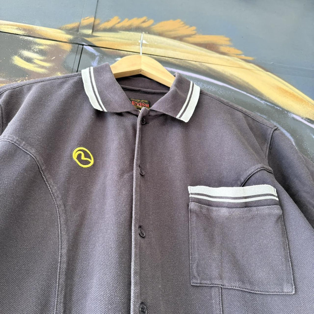 Vintage Retro Evisu Black Full Button Up Cotton Japanese Polo Shirt Short Sleeve striped collared and hem  #Y2K #preppy #chiefkeef #oldmoney #evisu