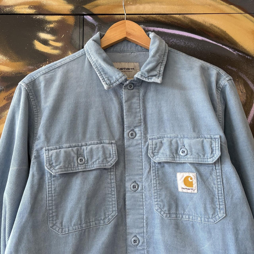 Carhartt WIP Shirt Mens Small Light Blue Dixon Double Pocket Corduroy Collared Button Up Top Y2K 90s