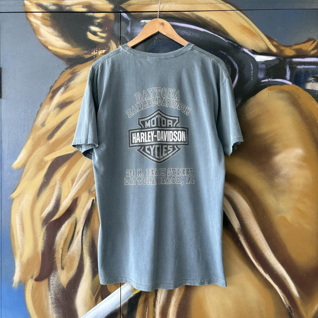 Vintage Harley Davidson T Shirt Mens Medium Blue Daytona Beach Florida Biker Grunge Graphic Print Top Tee T-shirt 90s Y2K 00s
