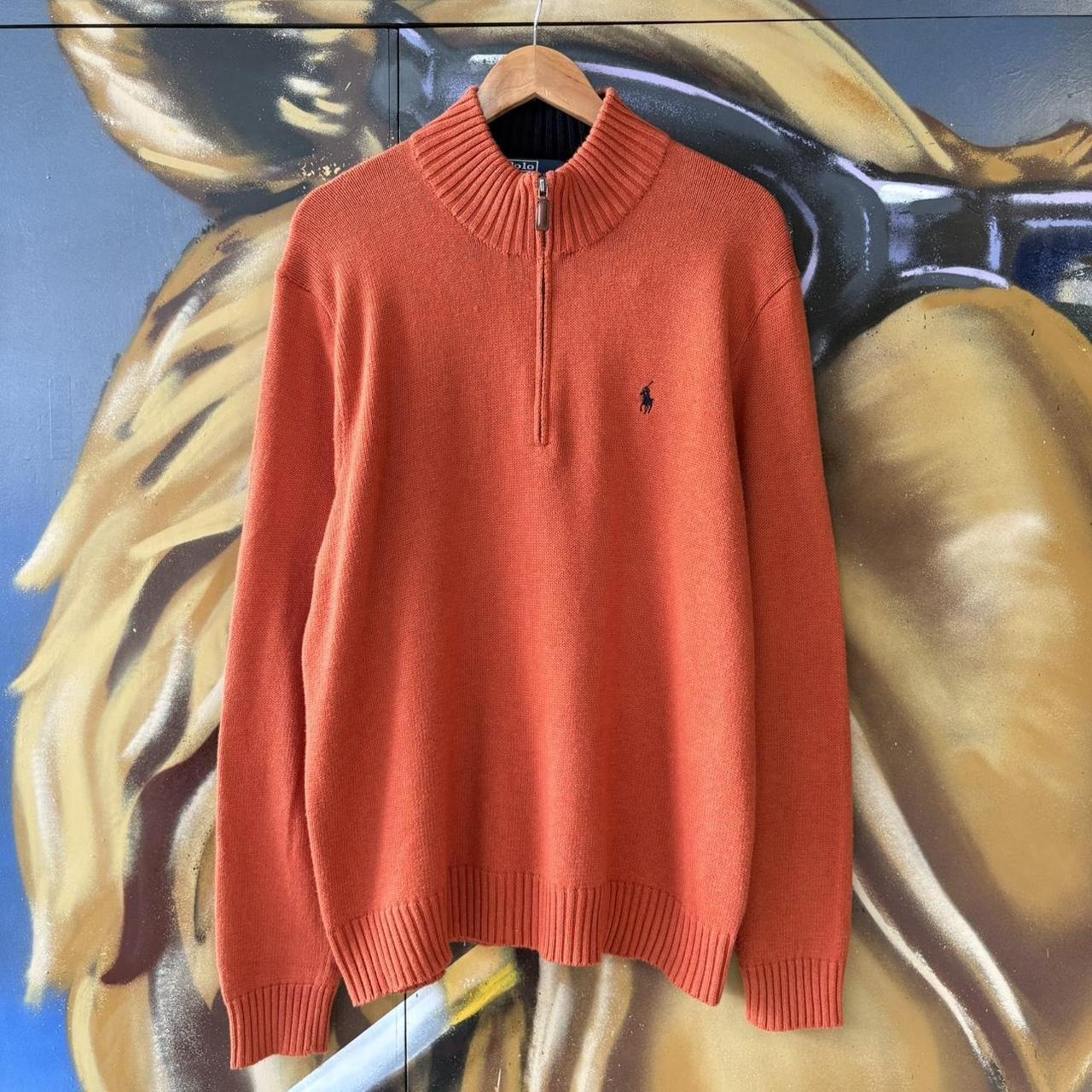 Vintage Orange Ralph Lauren Quarter Zip Sweatshirt Jumper Top preppy essential smart casual with navy blue spellout embroidered logo pony horse Wine maroon 00s 90s Y2K Cheltenham races horse racing old money