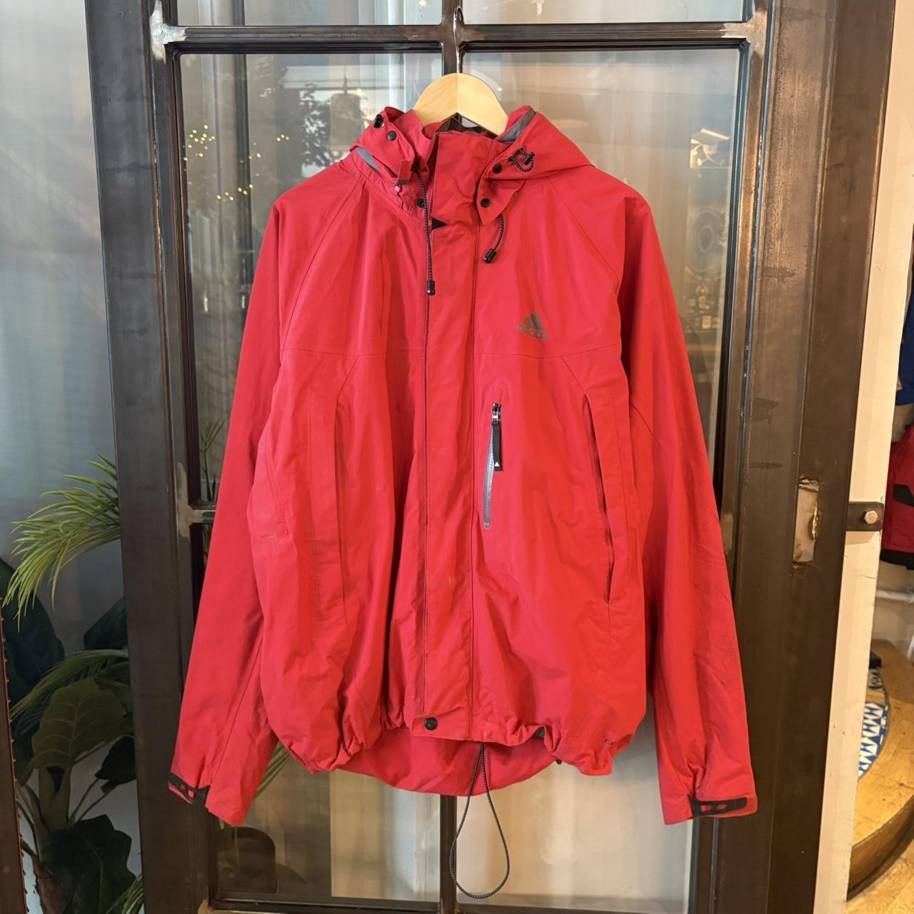 SWT570BR - Vintage Retro Essential Red Adidas full zip hooded Mesh Lining padded jacket coat with adjustable waist #gorpcore #hike #expedition #outdoor #adidas