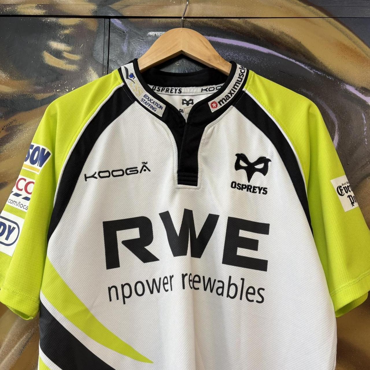 Vintage Retro Essential Kooga Ospreys 2012 - 13 Away Yellow and White Collared Rugby Short Sleeve Jersey Shirt top  with embroidered logos and RWE, Jewson, Tesco, Cuddy Group, Evening Post and Worthington's printed sponsorships