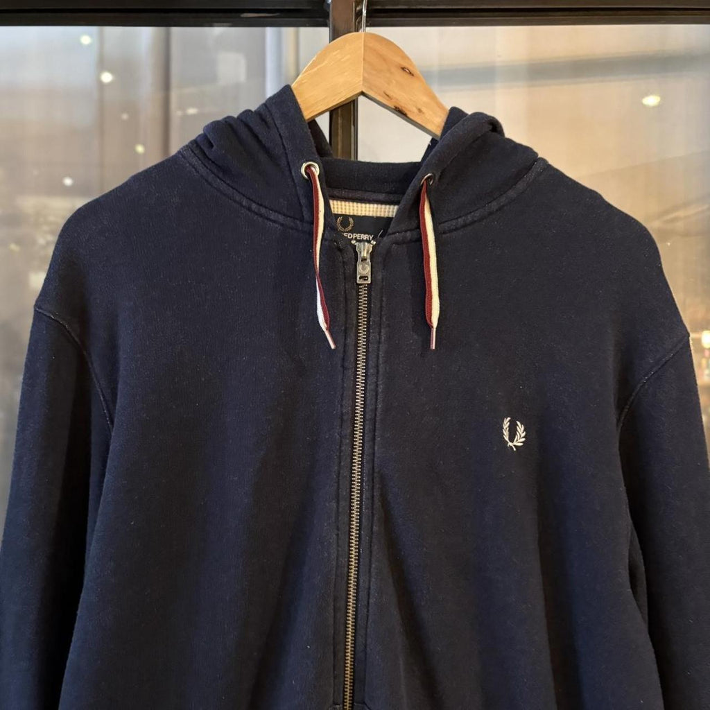 Vintage Retro Essential Navy Fred Perry Full Zip Up Sweatshirt Hoodie with embroidered logo #british #sportswear #essential #fredperry #y2k