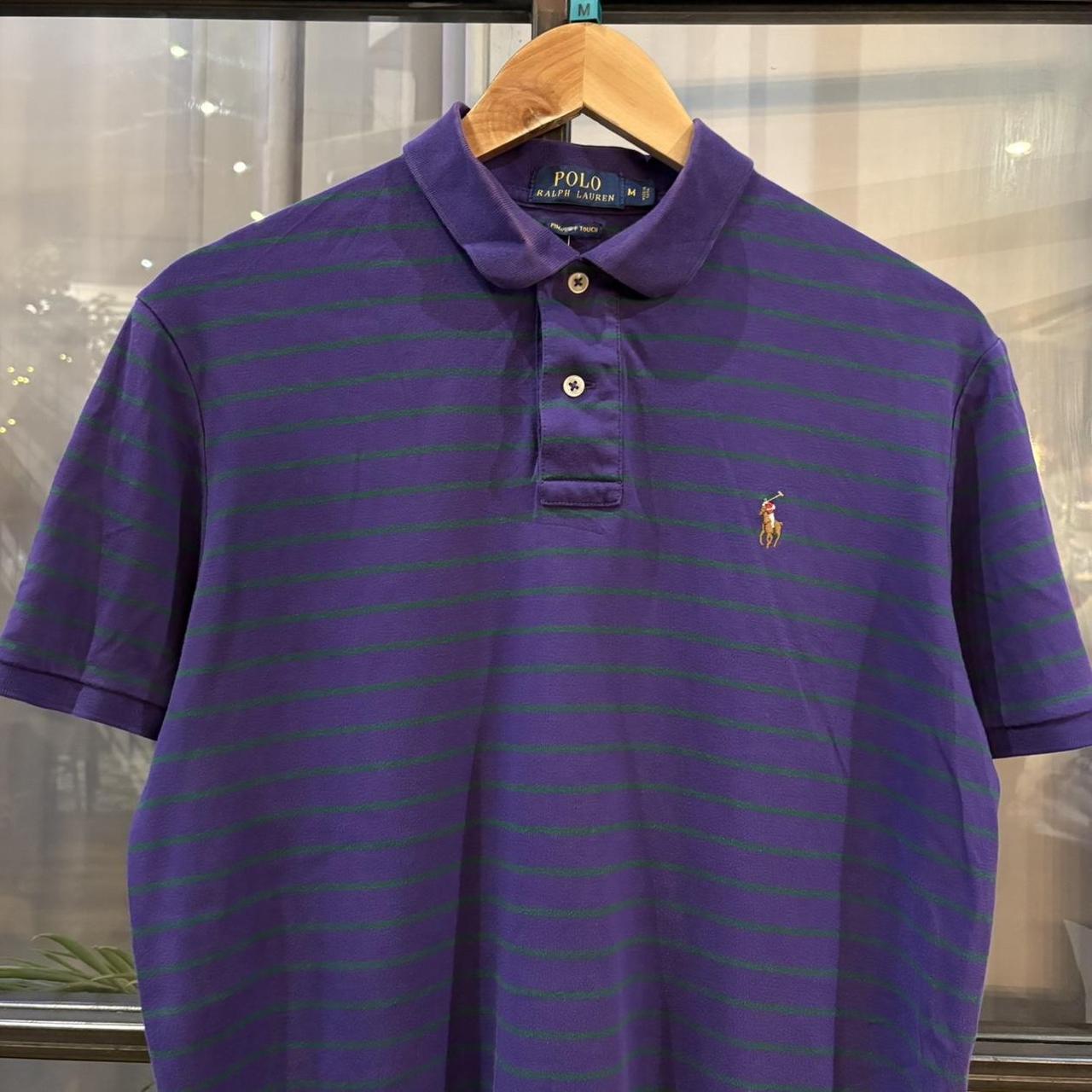 BR1209ML-F - Vintage Retro Ralph Lauren Purple and Green Striped Polo Shirt Short Sleeve collared button up top  #Y2K #preppy #chiefkeef #oldmoney #ralphlauren
