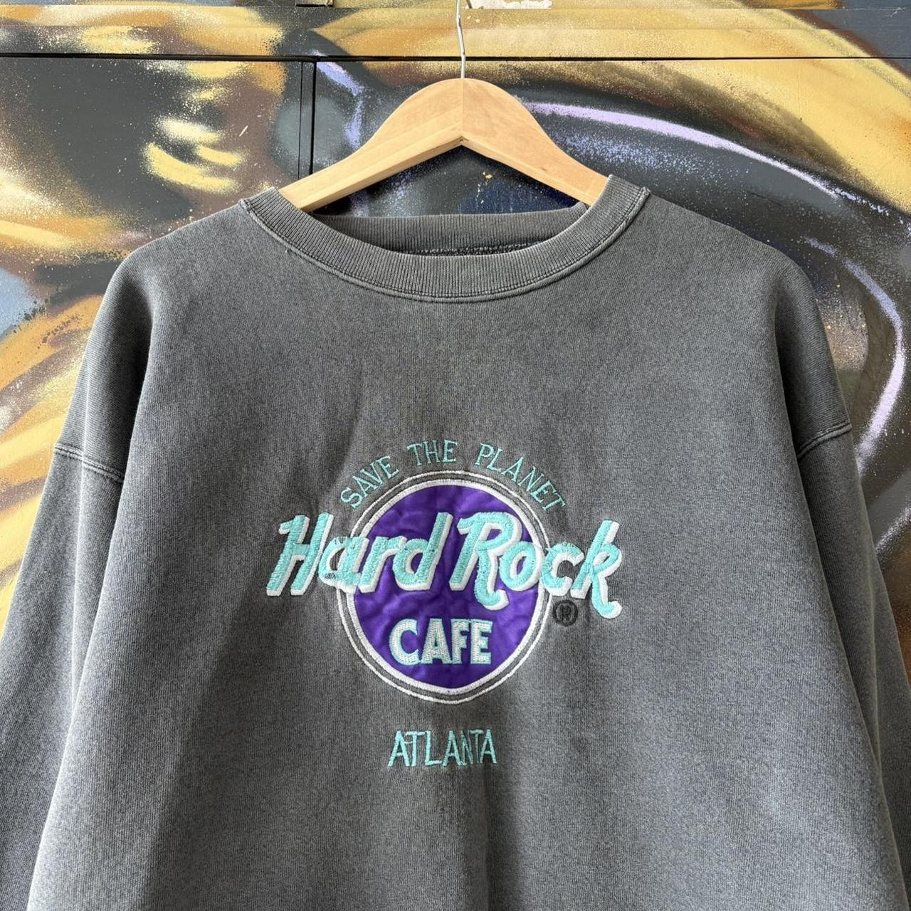 Vintage Hard Rock Cafe Sweatshirt Mens Large Faded Black Atlanta USA Embroidered Spellout Jumper 90s Y2K