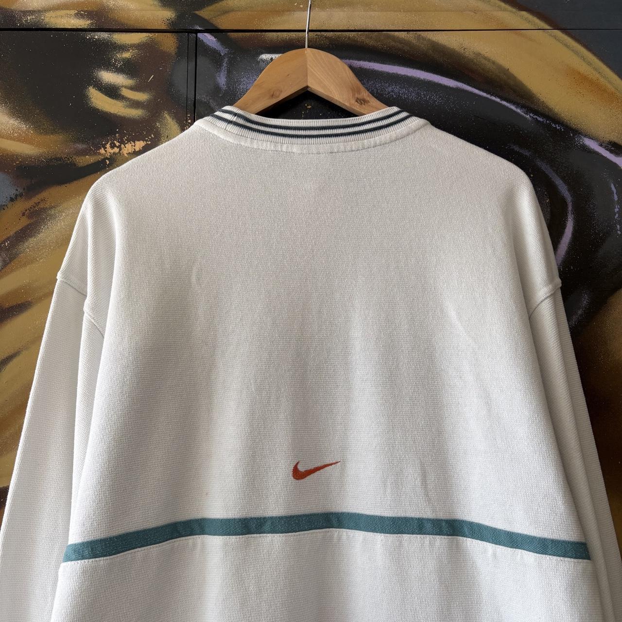 Vintage Nike Sweatshirt Mens Large White Blue Centre Solo Swoosh Block Spell Out Pullover Jumper Top 90s Y2K 00s