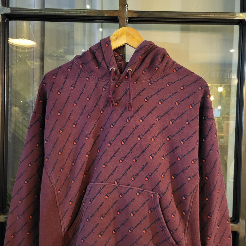 SWT312  - Vintage Retro Essential Champion Burgundy Hoodie sweatshirt with All over Print aop graphic #champion #aop #casual