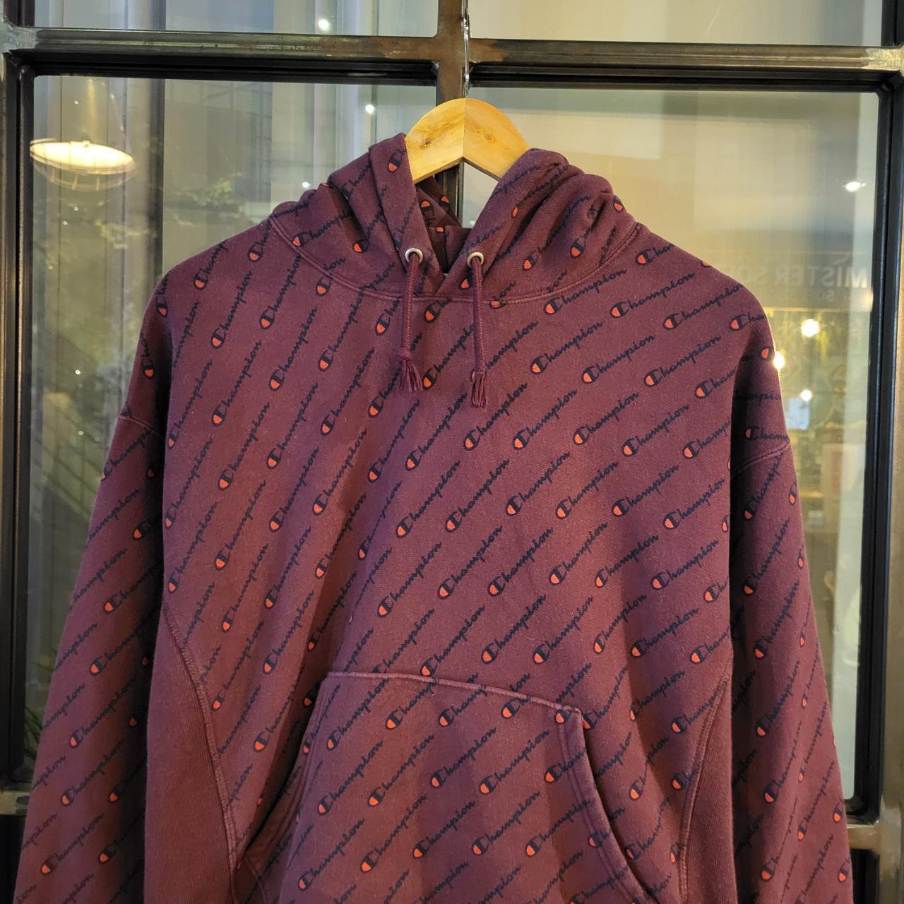 SWT312  - Vintage Retro Essential Champion Burgundy Hoodie sweatshirt with All over Print aop graphic #champion #aop #casual