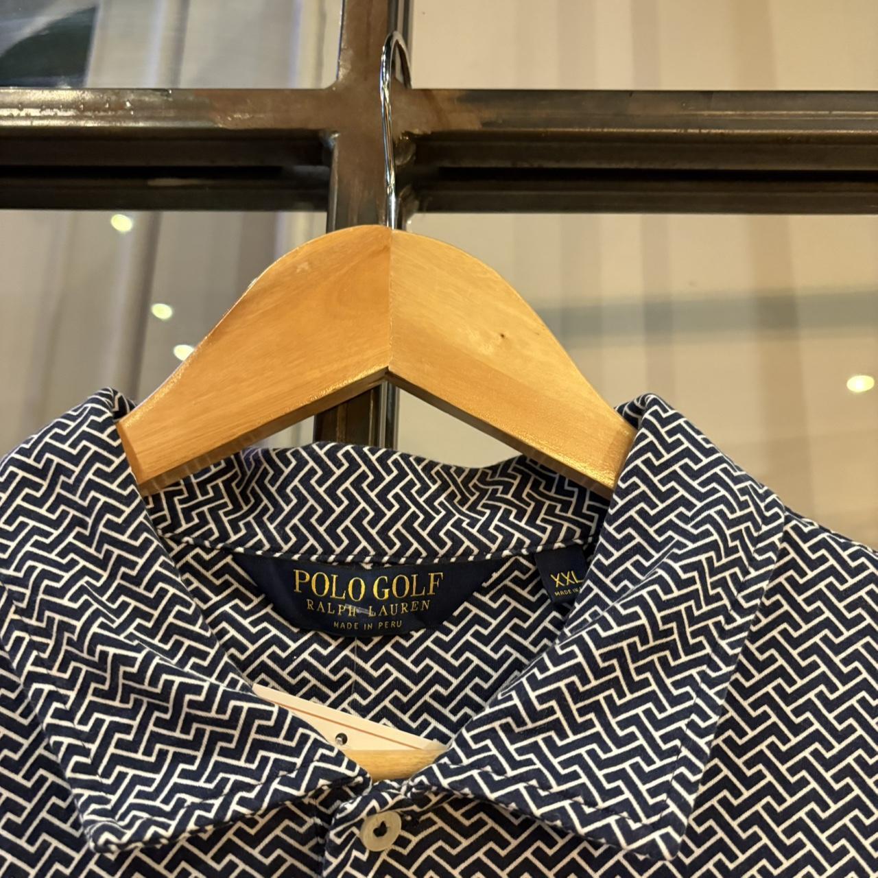 BR1912ADU-F - Vintage Retro Polo Golf Ralph Lauren Navy Geometric Pattern Pocket Polo Shirt Short Sleeve collared button up top  #Y2K #golf #chiefkeef #oldmoney #ralphlauren