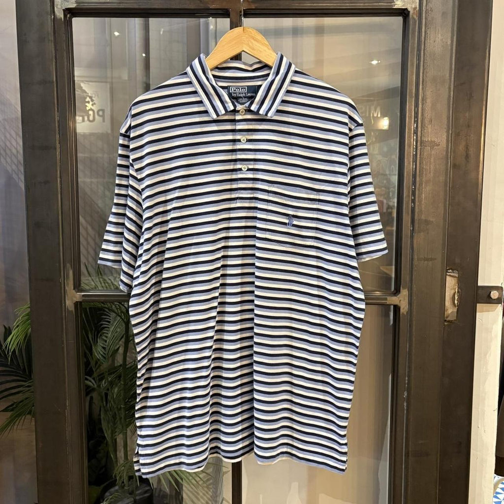 BR1912AEL-F - Vintage Retro Ralph Lauren Light Blue, Navy and White Striped Polo Shirt Short Sleeve collared button up top  #Y2K #preppy #chiefkeef #oldmoney #ralphlauren