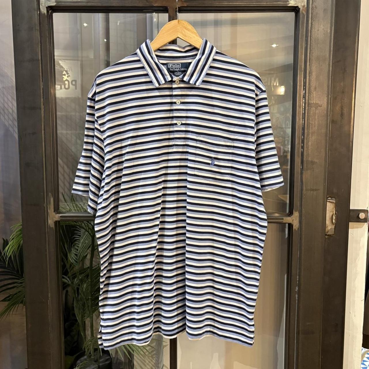 BR1912AEL-F - Vintage Retro Ralph Lauren Light Blue, Navy and White Striped Polo Shirt Short Sleeve collared button up top  #Y2K #preppy #chiefkeef #oldmoney #ralphlauren