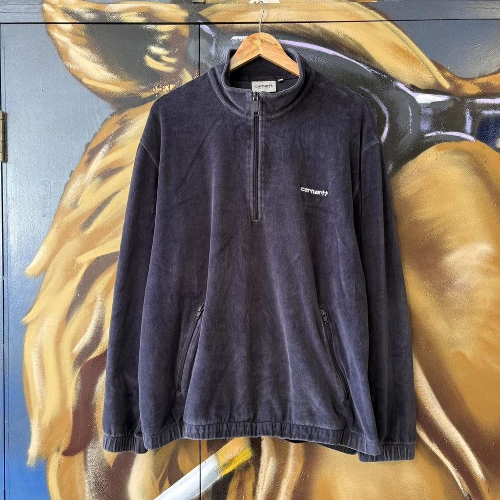 Carhartt WIP Tila Quarter Zip Jumper Blue Mens XL Velour Sweatshirt Surf Skate Top Pullover 90s Y2K