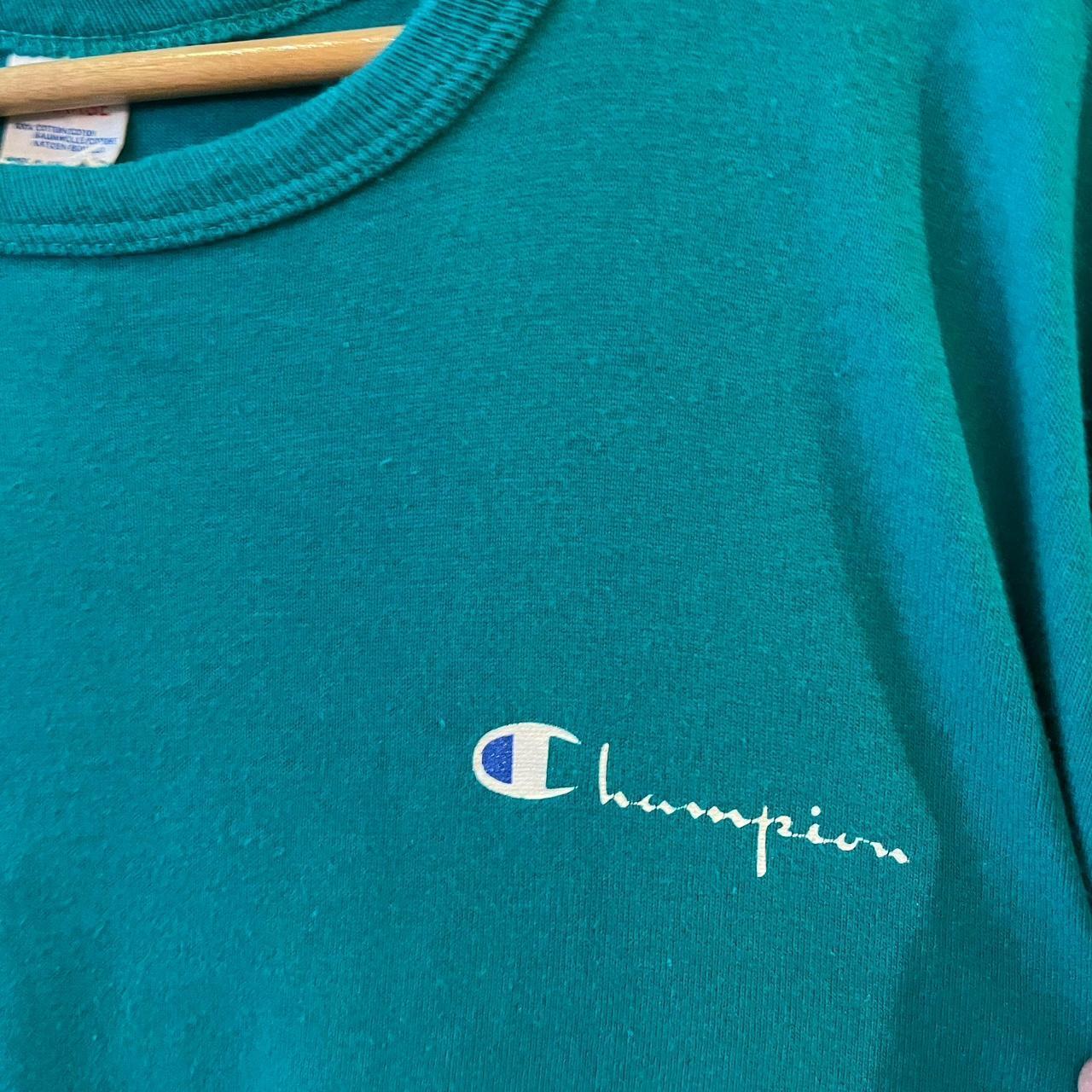 0125A58P - Vintage Retro Essential Teal Champion Chest Script Logo Print Top Tee T-shirt #90s #champion #top #essential #basic
