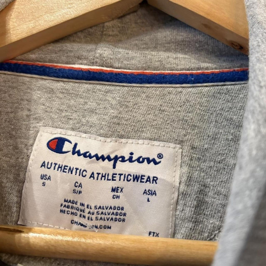 MA2207IZ-F - Vintage Retro Essential Dark Grey Champion Sweatshirt Hoodie with embroidered spellbout patch logo #90s #sportswear #essential #champion #y2k