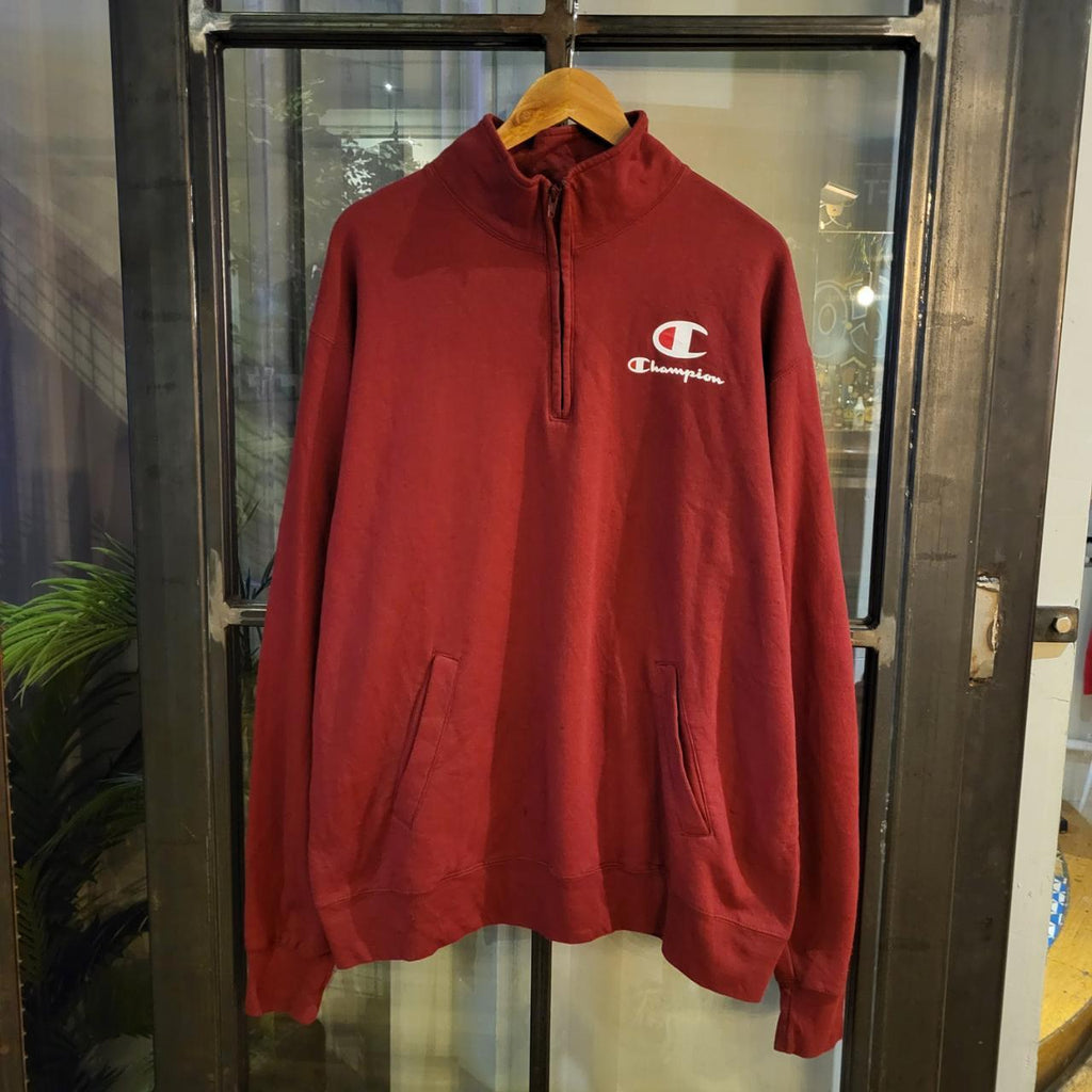 SWT236 - Vintage Retro Essential adult Champion Burgundy Red 1/4 Zip Fleece sweatshirt jumper crewneck with big graphic spellout small chest embroidered 90s y2k style