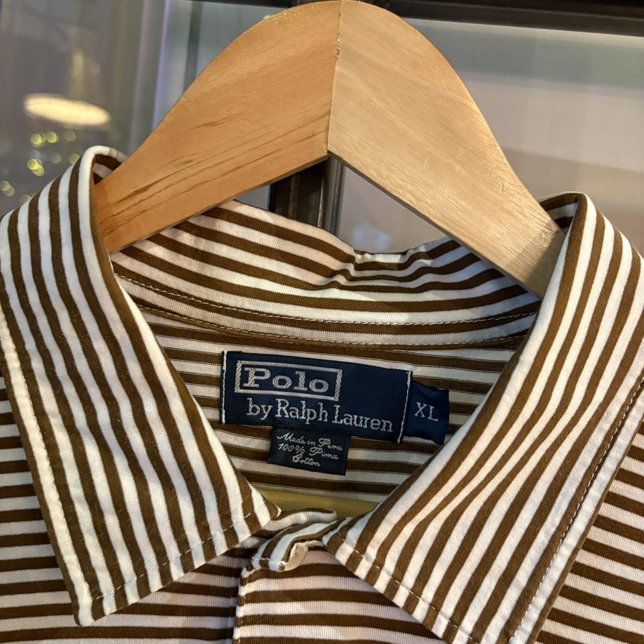 POL326 - Vintage Retro Ralph Lauren Striped Brown Cream Pocket Polo Shirt Short Sleeve collared button up top #Y2K #preppy #chiefkeef #oldmoney #ralphlauren