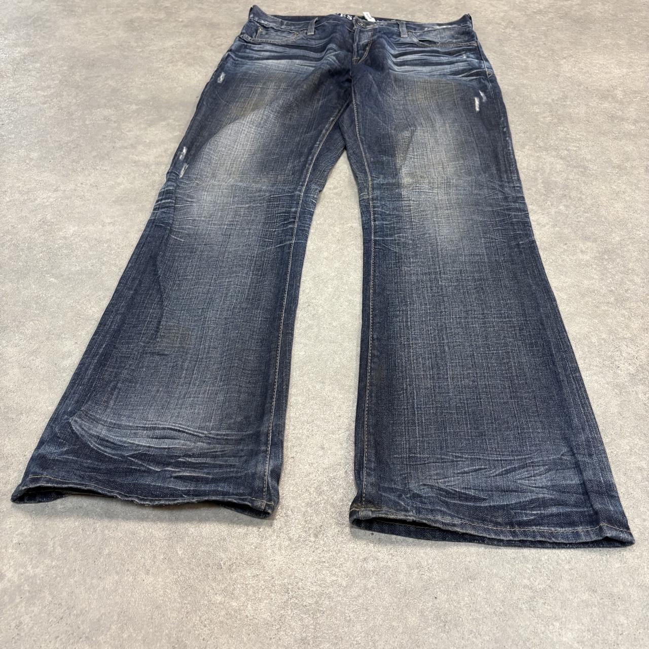 Vintage Guess Jeans Mens 36x34 Blue Denim Wash Ripple Patina Bootcut Embroidered Trousers 2000s 00s Y2K