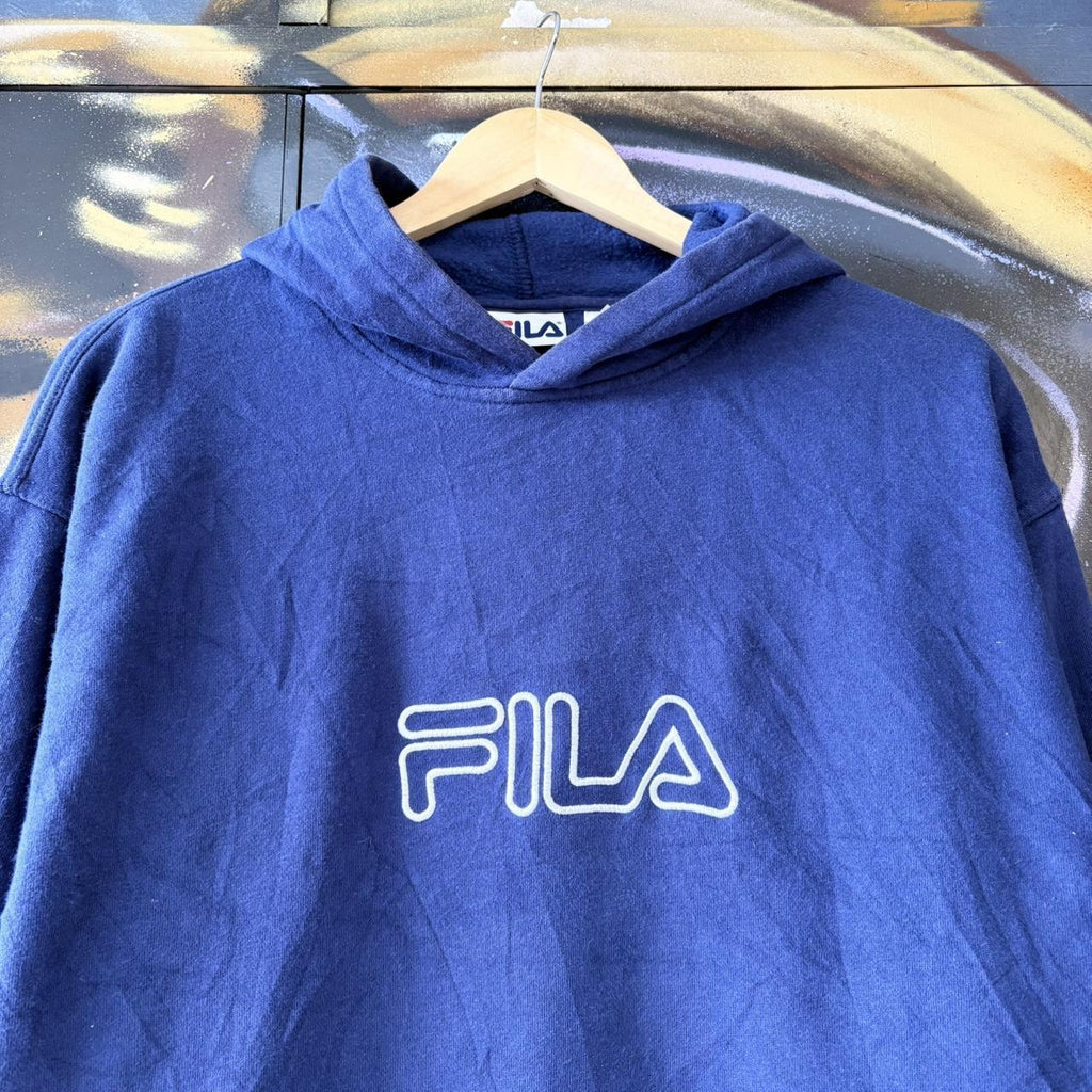 Vintage FILA Hoodie Top Mens Large Blue Spellout Logo Embroidered Streetwear Sweatshirt Essential 90s Y2K